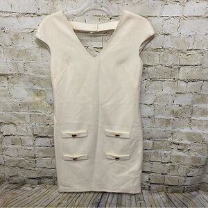 Leona Lauren Leonard Cream Cap Sleeve Wool Sheath Gold Button Dress